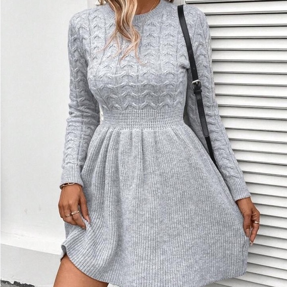 New Chic Cable Knit Skater Long Sleeve Knit Sweater Dress - Picture 12 of 13
